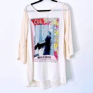 Daisy Tunic Dress Top Medium Cream Floral Long Sleeve Sheer Festival Shirt Boho